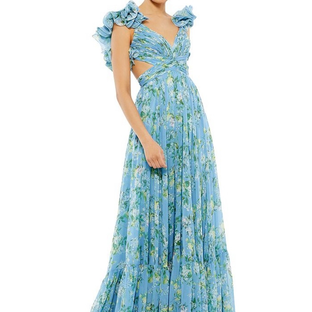 Mac Duggal Ruffle Floral Gown Size 2 Blue